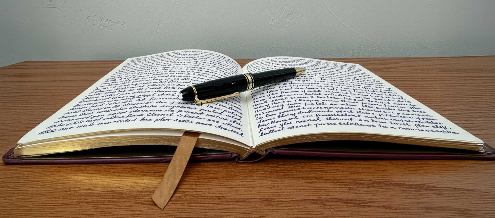 An open book lying on a desk with handwritten prose.